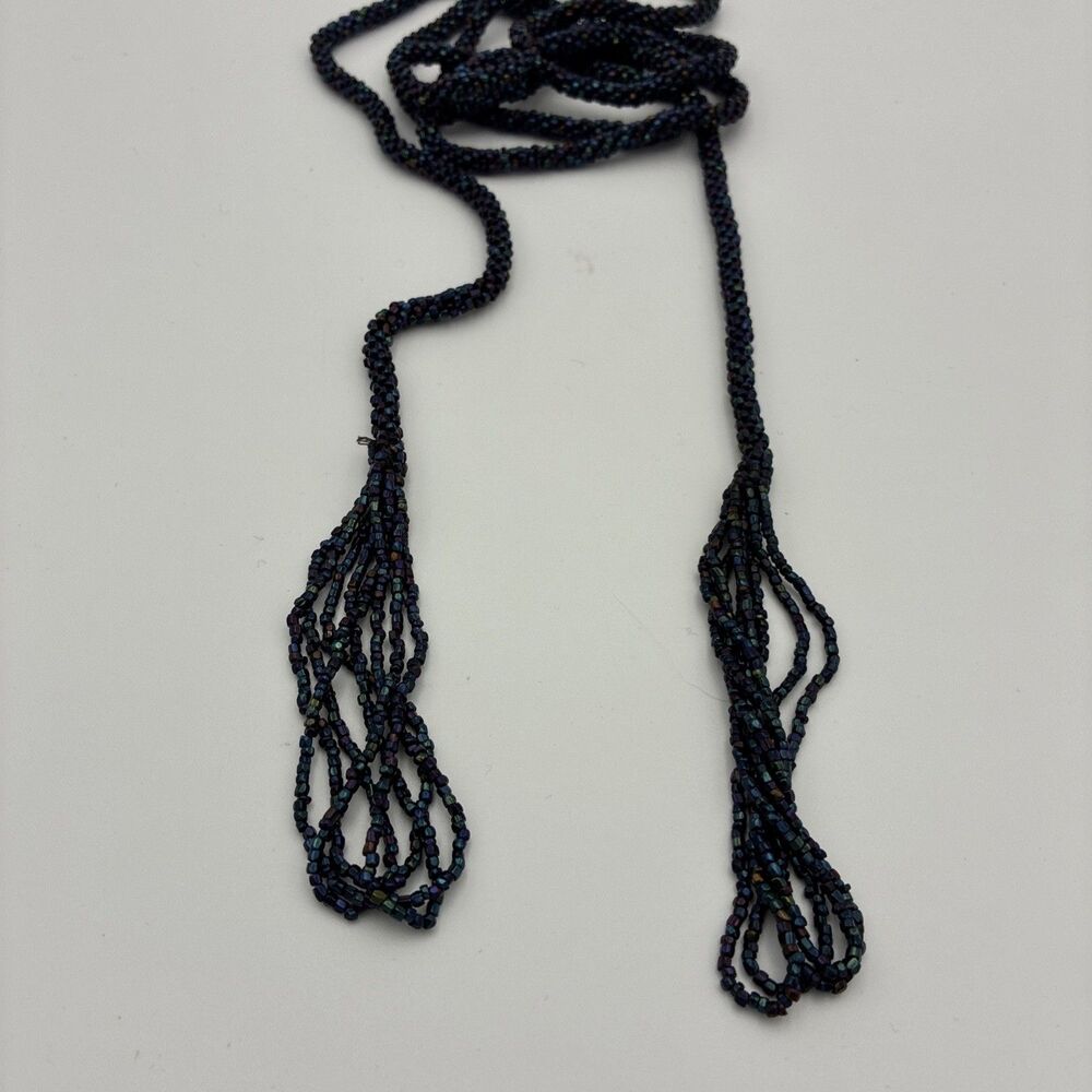 Antique Victorian Blue Iridescent Bohemian Glass Flapper Seed Bead Strand 58”